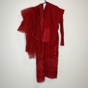 3 piece Shalwar Kameez Elegant Red Lace Dress